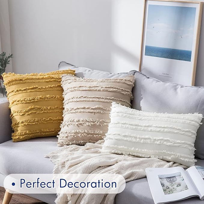 MIULEE Set of 2 Decorative Boho Throw Pillow Covers Linen Striped Jacquard Pattern Cushion Covers for Spring Sofa Couch Living Room Bedroom 16x16 Inch Yellow