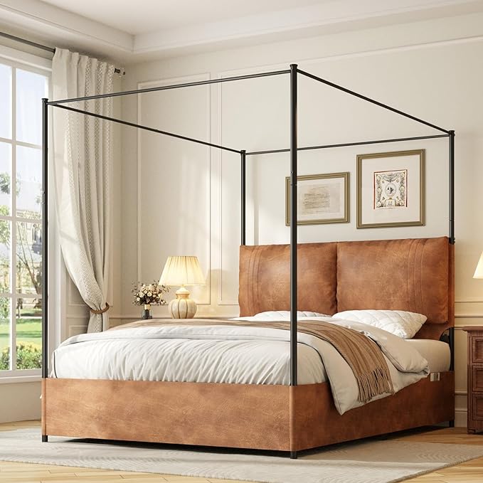 Modern Canopy Bed Frame with Upholstered Faux Leather Headboard – Tall Four Poster Metal Platform Bed, No Box Spring Needed, Queen Size, Brown and Black