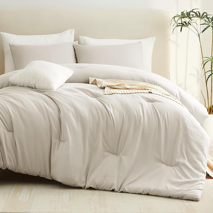 CozyLux Oversized Queen Comforter Set Beige, 3 Pieces 98x98 Solid Breathable Quilted Style Bedding Sets All Season, Luxury Soft Down Alternative Comforter Bed Set (1 Comforter & 2 Pillowcases)