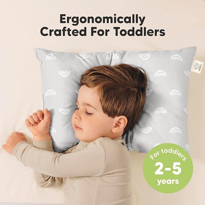 KeaBabies 2-Pack Toddler Pillows 2 Year Old to 5-13x18 Soft Organic Cotton Kids Pillow for Sleeping, Travel, School, Daycare, Nap, Toddler Bed, Machine Washable, Without Pillowcase (Gray Rainbow)