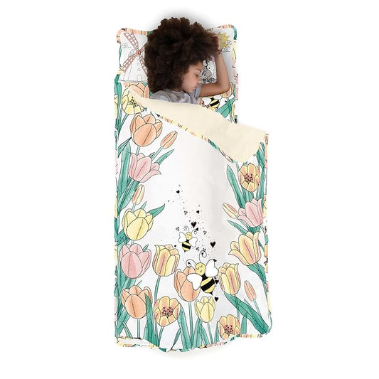 JumpOff Jo Extra Long Nap Mat for Kids - Cozy Kids Rest Mat with Removable Pillow and Ultra Soft Blanket for Preschool, Daycare, and Sleepovers - Tulip Fields