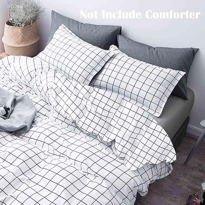 Nanko Duvet Cover Set Full Size White Grid, 80x90 Soft Bedding Cover, Luxury Cool Lightweight Microfiber 3pc Set (1 Cover 2 Pillowcase) with Zip, Tie - Modern Style Bed Quilt Cover for Decor, Plaid