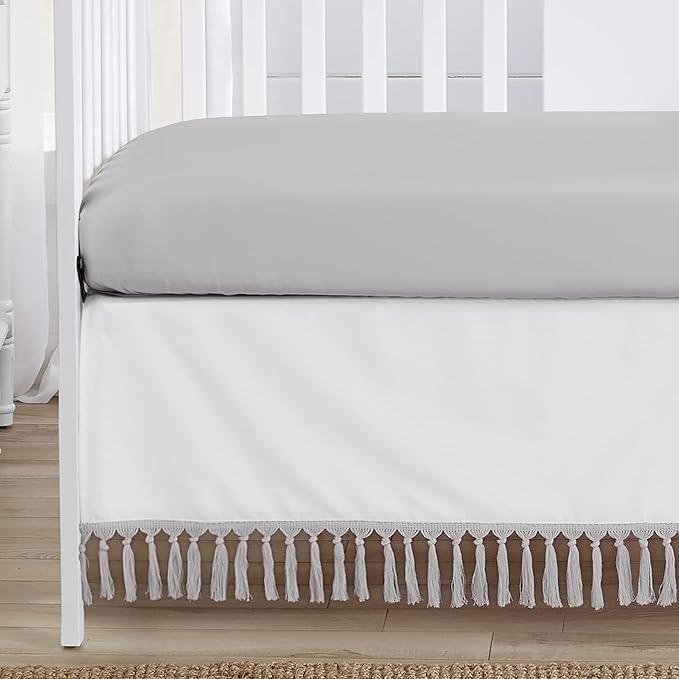 Sweet Jojo Designs Boho Bohemian Baby Boy Girl Nursery Crib Bedding Set - 4 Pieces - Grey White Farmhouse Shabby Chic Designer Modern Minimalist Gray Tuft Tufted Tassel Fringe Macrame Cotton Neutral