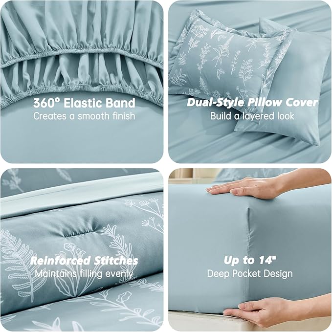 MUXHOMO Mineral Blue Cal King Comforter Set, Elegant Floral Print Bed in a Bag 7 Pieces, Ultra Soft & Breathable Reversible Botanical Pattern Bedding Set with Comforter, Sheets, Pillowcases, and Shams