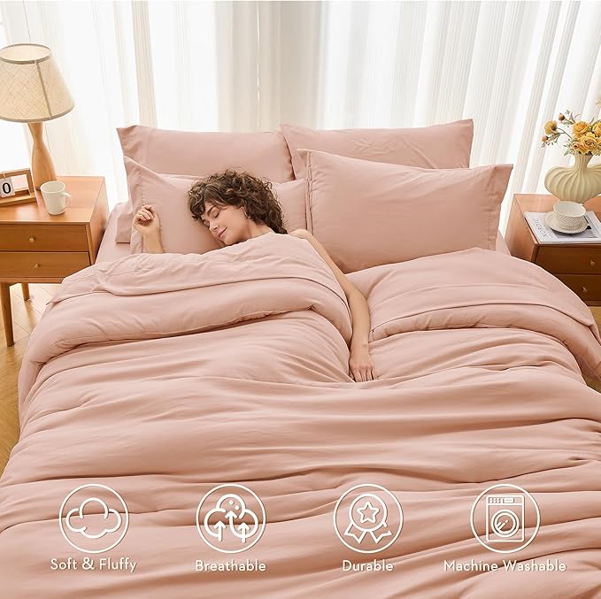 MUXHOMO 5 Pieces Twin XL Comforter Set, Soft Bed in a Bag Twin XL Size, All Season Bedding Set with Comforter, Flat Sheet, Fitted Sheet, Pillowcases & Shams, Rose Gold