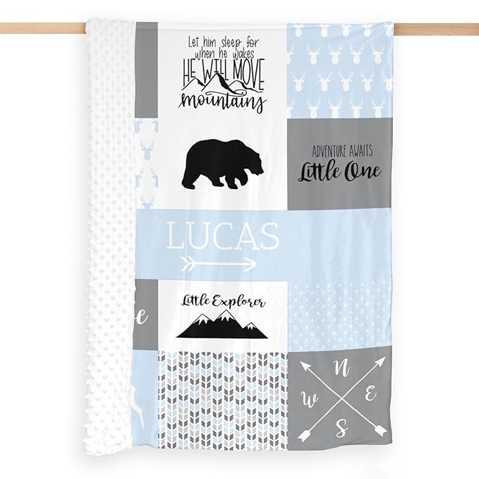 Personalized Baby Blanket Cute Animal Blanket for Boys - Soft Double Layer with Dotted Backing, Toddler to Newborn, Shower Gifts, Light Blue (35 X 45 inches)
