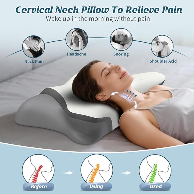 Cervical Neck Pillow for Pain Relief, Bed Pillows for Sleeping, Ergonomic Cooling Pillow, Orthopedic Contour Pillow for Side Back Stomach Sleepers,Neck Support Memory Foam Pillows (White&Grey)