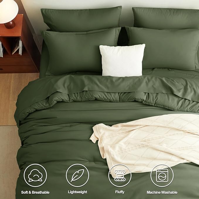 CozyLux King Size Comforter Set Olive Green, 7 Pieces Bed in a Bag King Comforter Set with Sheets, Bedding Set with Down Alternative Comforter, Fitted Sheets, Flat Sheets, Pillow Shams and Pillowcases