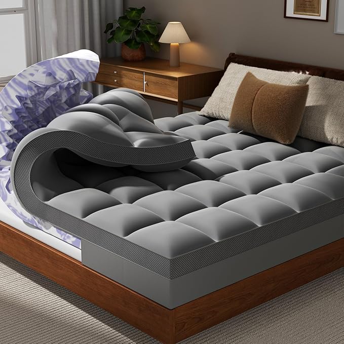 Dual Layer 5 Inch Memory Foam Mattress Topper Queen - 2 Inch Gel Memory Foam and 3 Inch Pillow Top Mattress Pad, 7-Zone Egg Crate Queen Size Mattress Topper (Dark Gray)