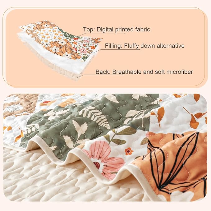 Whale Flotilla Patchwork Quilt King Size, Extra Soft Boho Floral Bedspreads for Bed Reversible Lightweight King Quilt Bedding Set Printed Coverlets with 2 Pillow Shams for All Seasons, Orange