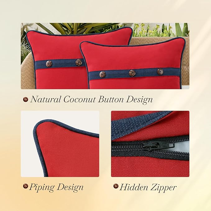 Outdoor Sunbrella Decorative Pillows with Triple Coconut Buttons Pack of 4, 18" x 18" Outdoor Pillow Set for Couch Bed Throw Patio Sofa, Canvas Logo Red/Specrtum Indigo