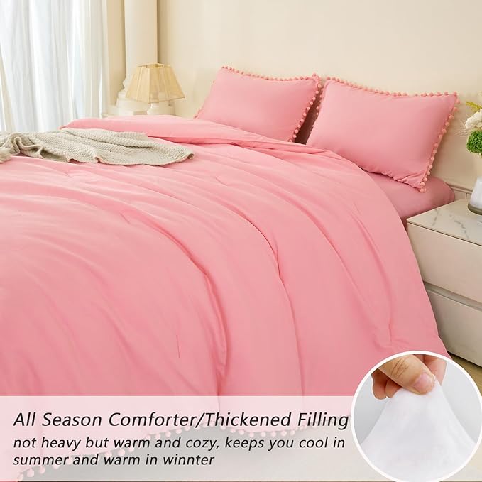 PERFEMET Queen Bedding Set Coral Pink 5 Pcs Pom Pom Fringe Solid Bed in A Bag with Sheet Set Soft All Season Fluffy Boho Comforter for Girls Kids Bedroom(Coral Pink, Queen)