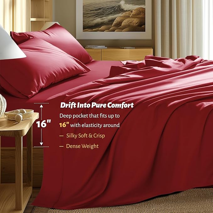 Shilucheng 100% Egyptian Cotton Queen Size Sheets Set - 1000 Thread Count，Luxury Cotton Bed Sheets，Breathable & Cooling Bedding and Pillow Cases, 16 Inch Deep Pocket - 4 Piece (Burgundy, Queen)