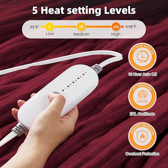 HYLEORY Heated Blanket Electric Queen, Soft Flannel Sherpa Heater 5 Heat Settings and 10 Hours Auto Shut-Off Heating Blanket ETL Certification Over-Heat Protection Machine Washable,Red