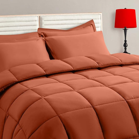 TAIMIT Burnt Orange Queen Size Comforter Set - 7 Pieces, Bed in a Bag Bedding Sets with All Season Soft Quilted Warm Fluffy Reversible Comforter,Flat Sheet,Fitted Sheet,2 Pillow Shams,2 Pillowcases