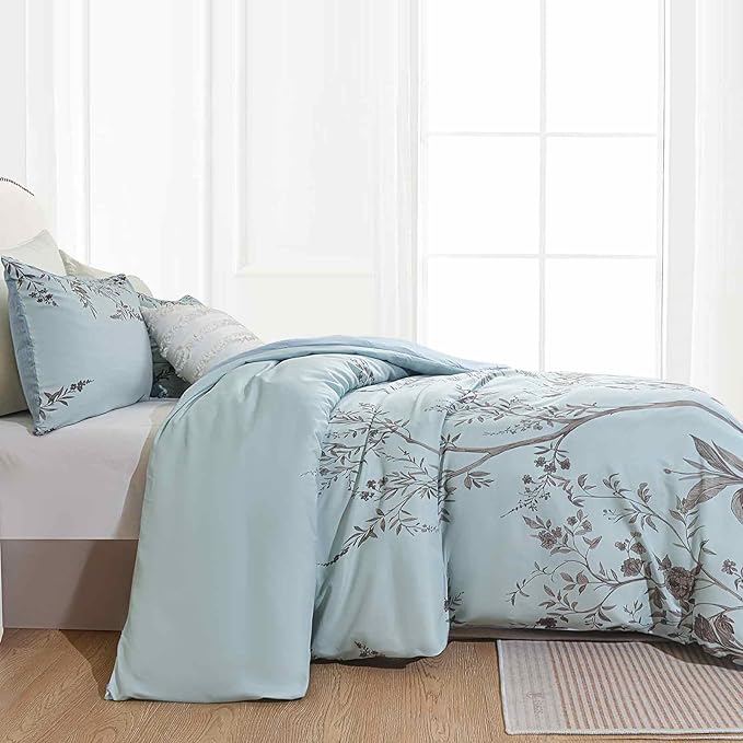 Nanko Floral Duvet Cover Set King Size, Teal Blue Brown Tan Leaf Print Pattern, Soft Microfiber Reversible Comforter Bedding Cover with Zip Ties - French Vintage Farmhouse for Women Men, 3Pcs 104x90