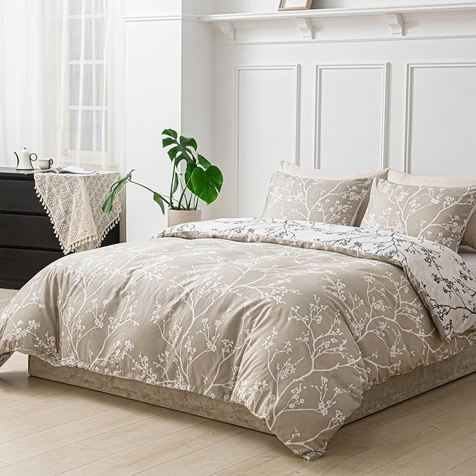 Lekesky King Size Duvet Cover Set, Reversible Duvet Cover King with Branch Pattern, Lightweight Soft Microfiber Comforter Cover, 3 Pieces Khaki Bedding Set with Zipper and 2 Pillowcases