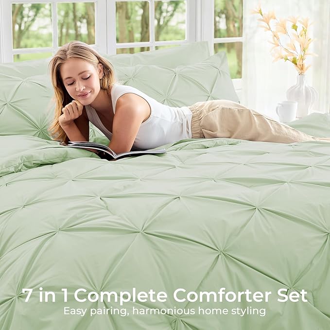 Sasttie Queen Comforter Set, 7-Piece Bed in a Bag, Pintuck Bedding Sets for All Season, Includes Comforter, Flat Sheet, Fitted Sheet, Pillowcases and Pillowshams, Mint