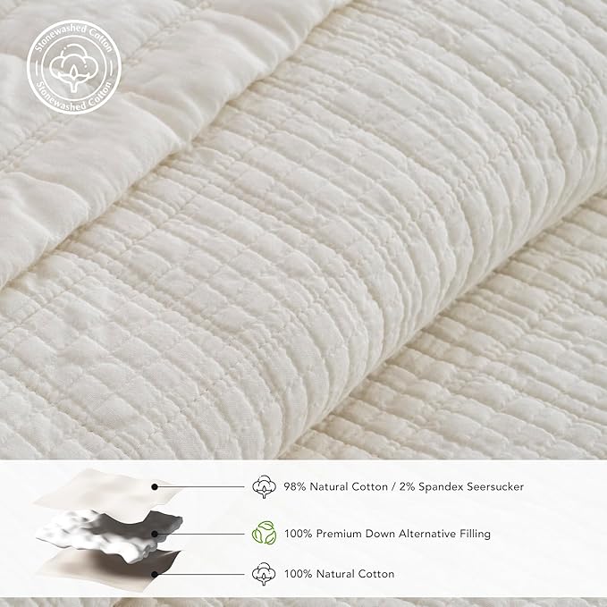 EVERGRACEHOME Stonewashed Cotton Quilt Set Full Queen Size, Ultra Soft Oversized Bedspread Coverlet Set, Lightweight Crinkle Box Stitch Bedding Sets for All Season, with 2 Shams, Ivory White