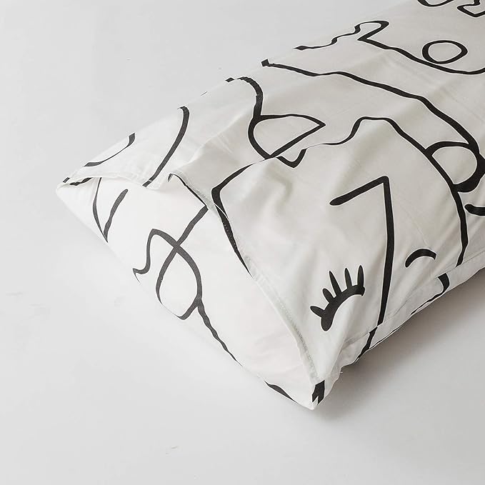 YuHeGuoJi Geometric Face Duvet Cover King 100% Cotton Modern Black White Striped Duvet Cover with Zipper Ties 2 Pillowcases Artistic Abstract Drawing Line Geometric Bedding Set Soft