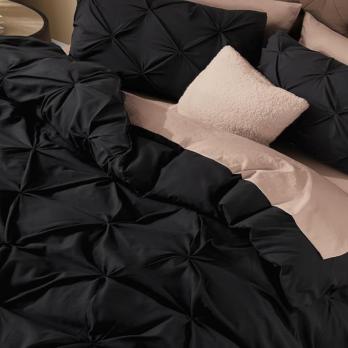 Litanika Black Oversized Queen Pinch Pleat Duvet Cover, 3 Pieces Pintuck Cover Soft Microfiber Bedding Set with Zipper Closure & Corner Ties(1 Duvet Cover, 2 Pillowcases)