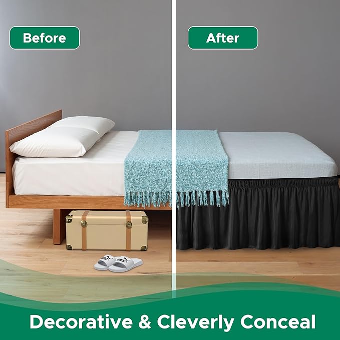 Biscaynebay Wrap Around Bed Skirts for King & Cal King Beds 14" Drop, Black Adjustable Elastic Dust Ruffles Easy Fit Wrinkle & Fade Resistant Silky Luxurious Fabric Solid Machine Washable