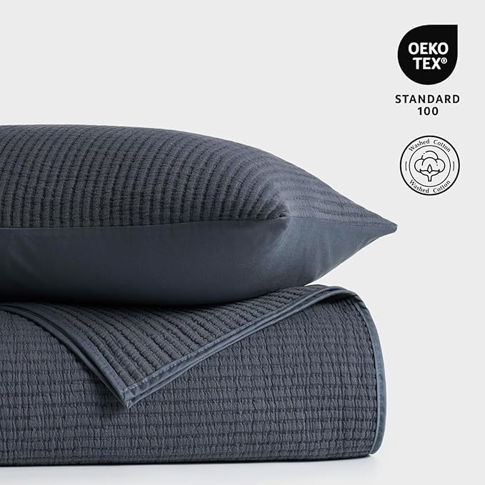 EVERGRACEHOME Cotton Coverlet Set Full Queen Size 3 Pieces, Lightweight Soft Ribbed Matelassé Bedspread Quilt Set, Cozy Oversized Quilted Bedding Set with 2 Pillow Shams for All Seasons, Midnight Blue
