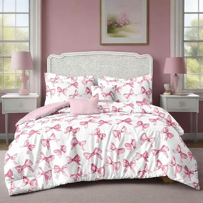 Nanko Pink and White Duvet Cover Set Queen Size, Elegant Bow Print Pattern, Soft Microfiber Comforter Bedding Cover with Zip Ties - Modern Luxury Bed Romantic Bedroom Decor for Women Teen, 3Pcs 90x90