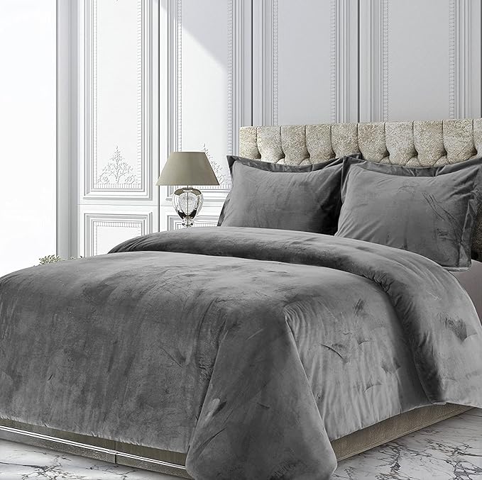 Dark Gray 3 Pieces Velvet Comforter Set Oversized King Size (Comforter + 2 Pillowcases) Crinkle Crushed 400 GSM