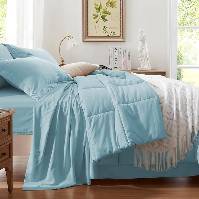 Anluoer Twin Comforter Set 5 Piece, Light Blue Bed in a Bag with Comforters, Pillow Shams, Pillowcases, Flat Sheet, Fitted Sheet