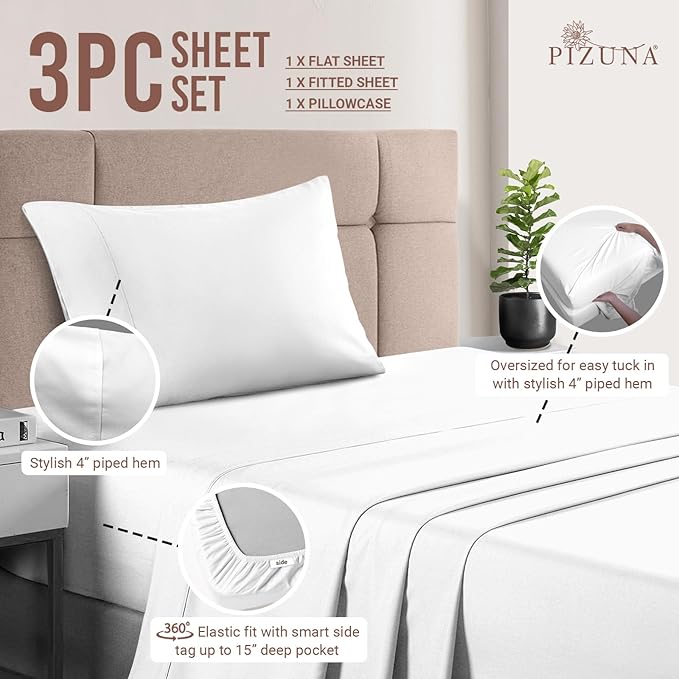 Pizuna Cotton Twin Xl Sheets Set White, 400 Thread Count 100% Long Staple Combed Sateen Cooling Sheets Cotton, 15 Inch Deep Pocket Twin Xl Sheet (White Bedding CottonSheet)