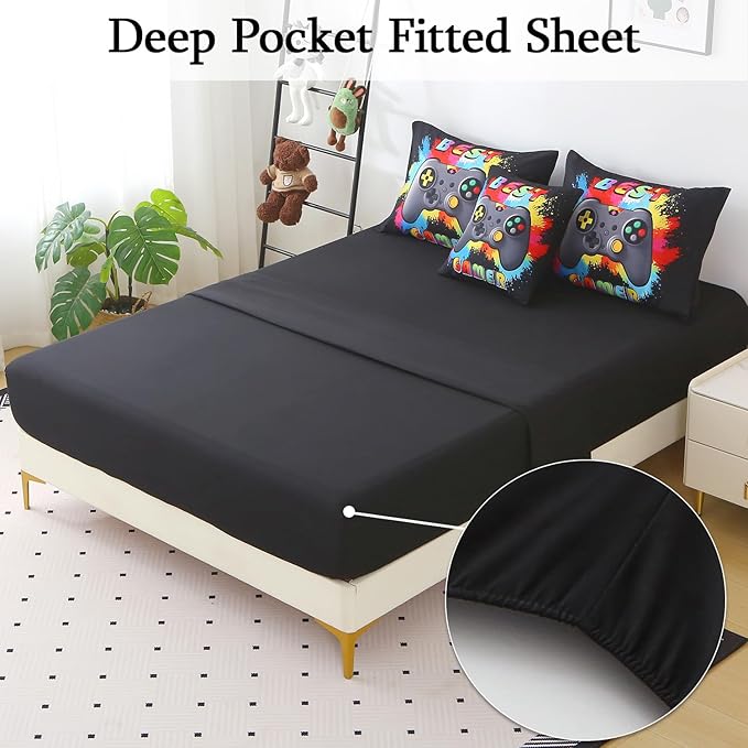 JQinHome Queen Gamer Comforter Sets for Boys,6 Piece Bed in A Bag 3D Video Gamer Bedding -All Season Microfiber Gaming Bedding Set for Kids, with Sheet Sets (Rainbow Black)