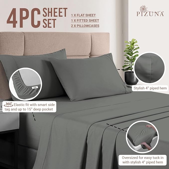 Pizuna Pure 100% Cotton Sheets California King Size, Luxurious 400 Thread Count Long Staple Cotton Sateen Sheets with 15" Deep Pocket (Combed Dark Grey Sheet California King)