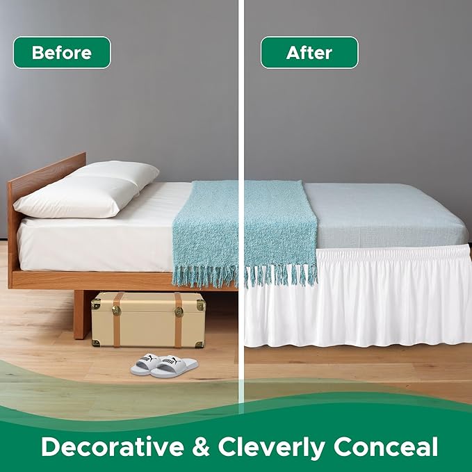 Biscaynebay Wrap Around Bed Skirts for Full & Full XL Beds 16" Drop, White Adjustable Elastic Dust Ruffles Easy Fit Wrinkle & Fade Resistant Silky Luxurious Fabric Solid Machine Washable
