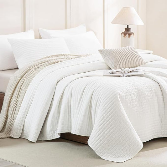 CozyTide Oversized King Bedspread 128"x120",Stone-Washed Cotton White Oversized King Quilt Bedding Set,Soft Lightweight Extra Large Farmhouse Boho Bedspread & Coverlet Sets 3 Pieces