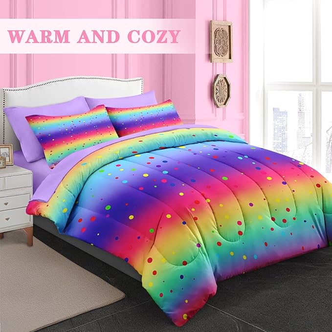 Comforter Set Queen Size, Cute Rainbow Polka Dot 7 Pcs Bedding for Kids and Adults, Colorful Glitter Bed Sheet Sets with Fitted Sheet 2 Pillowcases & 2 Shams for Bedroom Bed Decor