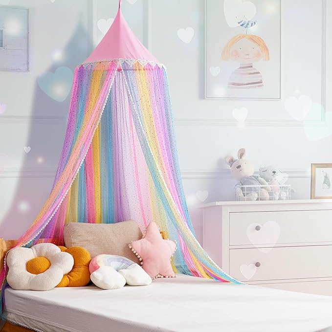Rainbow Bed Canopy for Girls,Shiny Kids Princess Round Dome Bed Curtain with Love Heart Glitter,Kids Crib Canopy Play Tent Canopy Dreamy Bed Netting for Girls