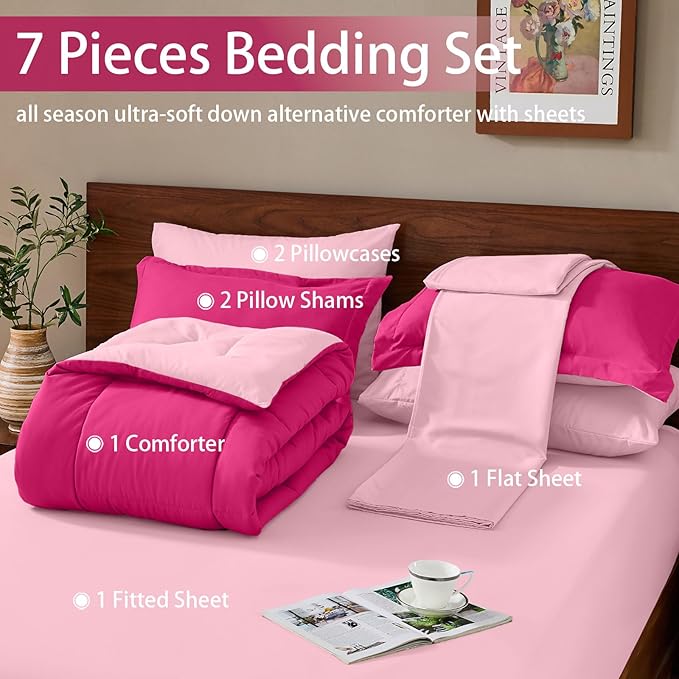 FUANNA California King Comforter Set 7 Pieces, Reversible Bedding Sets with All Season Soft Comforter, Bed in a Bag with Comforter, Flat Sheet, Fitted Sheet, Pillowcases & Shams, Hot Pink & Pink