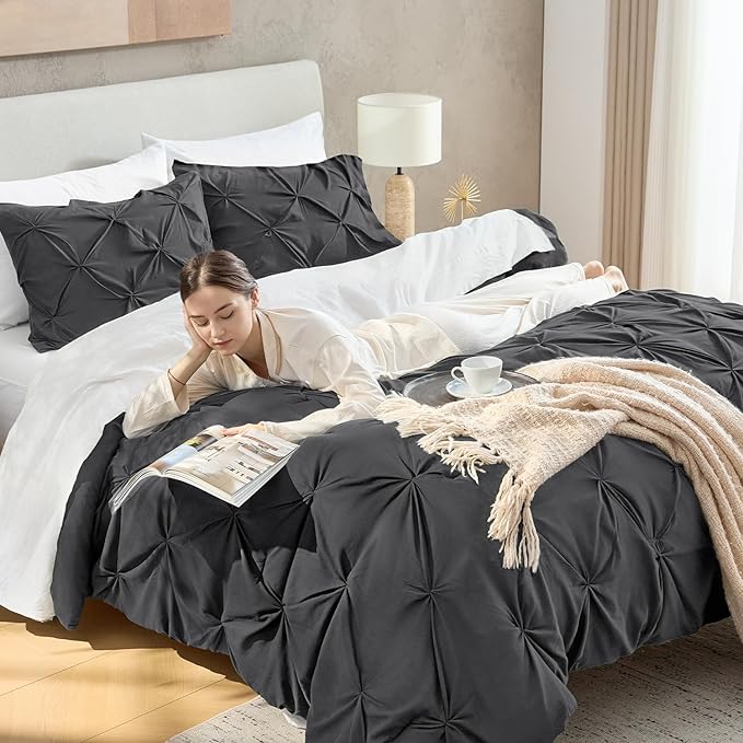 Andency Gray Pinch Pleat Comforter Twin(66x90Inch), 2 Pieces Grey Pintuck Bed, Microfiber Down Alternative Bedding Set with 1 Pillowcase