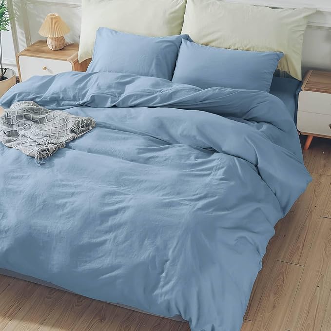 NEXHOME PRO Duvet Cover Set Queen Size Linen Look Textured Organic Natural 100% Washed Cotton Duvet Cover Blue 3 Pieces Bedding Set with Zipper Closure and Corner Ties, Breathable (No Comforter)