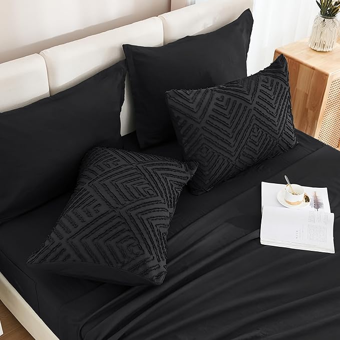 Andency Black Full Size Comforter Sets with Sheets - 7 Pieces Bed in a Bag Boho Tufted Bedding Sets Fluffy Lightweight Full Bed Set with Comforter, Sheets, Pillowcases & Shams for All Season