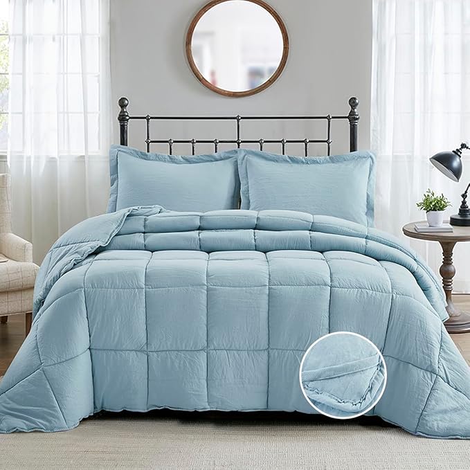 HIG Pre Washed Down Alternative Comforter Set Twin - Reversible Chic Quilt Design - Box Stitched with 4 Corner Tabs - Lightweight for All Season - Blue Duvet Comforter with 2 Pillow Shams