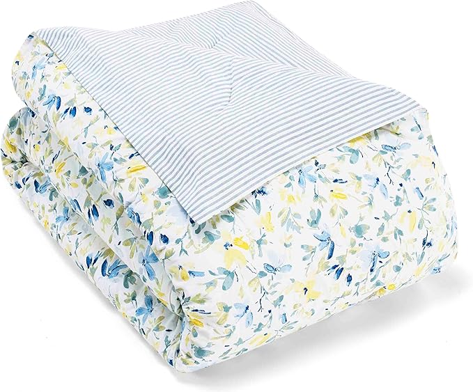 Laura Ashley - Queen Comforter Set, Soft Cotton Blend Bedding with Medium Weight Feel, Reversible Bedding with Matching Pillowscases, Bonus Euro Shams & Throw Pillows, 7 Piece Bed Set (Nora Blue)