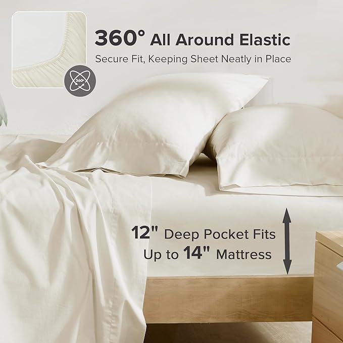 Comfort Spaces 100% Cotton Sheets Twin XL, Breathable, Soft Cotton Sheets, Naturally Cool Cotton Bed Sheets with 12" Elastic Pocket Fits up to 14" Mattress, All Season Sheet Set, Twin XL Ivory 3 Piece