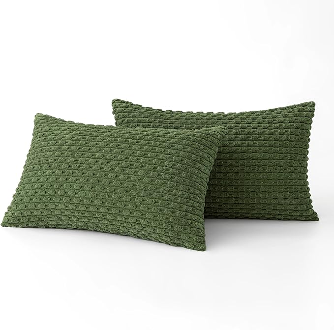 MIULEE Pack of 2 Decorative Lumbar Throw Pillow Covers 12x20 Inch Soft Boho Striped Textured Corduroy Pillow Covers Modern Farmhouse Home Decor for Couch Bed Sofa Living Room Moss Green