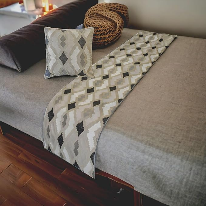 The HomeCentric King/Queen/Twin Beige Decorative Bed Runner King 90"x18" Bed Runner with Two Pillow Cover, Embroidery,Aztec Bed Scarf on Linen Fabric - Thread Tale