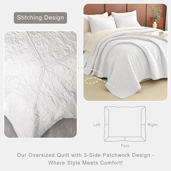 Lady Ann White Oversized King Quilt 120x120, Leaves Pattern Printed Oversized King Bedspreads for Bed, Lightweight & Soft Farmhouse Coverlets All Season Extra Large 3 Pcs Quilted Bedding Sets