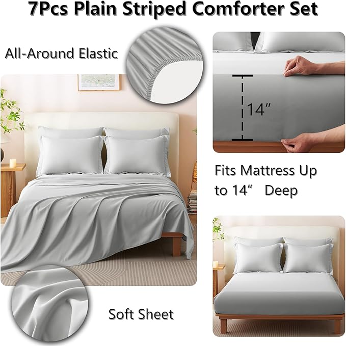 CozyLux Queen Comforter Set - 7 Pieces Bed in a Bag Light Grey Comforter Set with Sheets Luxury Bed Set All Seasons, Soft Bedding Set with Down Alternative Comforter, Sheets, Pillowcases & Shams