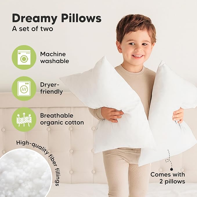 KeaBabies 2-Pack Toddler Pillows 2 Year Old to 5-14x20 Soft Organic Cotton Kids Pillow for Sleeping, Travel, School, Daycare, Nap, Toddler Bed, Machine Washable, Without Pillowcase (Soft White)
