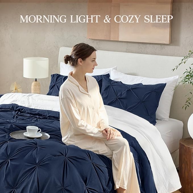 Andency Navy Blue Pinch Pleat Comforter Twin(66x90Inch), 2 Pieces(1 Pintuck Comforter, 1 Pillowcase) Microfiber Pintuck Comforter Set Down Alternative Comforter Bedding Set